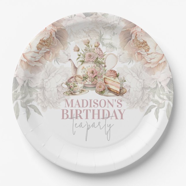 Floral elegant Tea Party Birthday Paper Plate (Front)