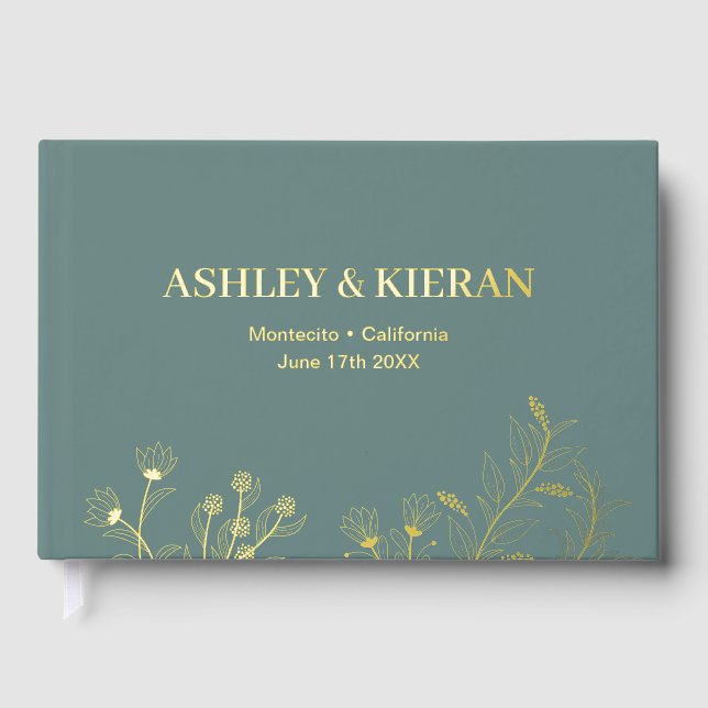 Floral Elegant Teal Wedding Foil Guest Book (Front)