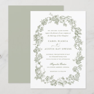 Floral Elegant Vintage French Sage Roses Wedding Invitation