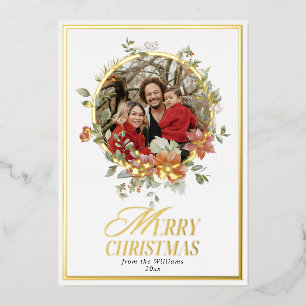Floral Elegant Watercolor Merry Christmas Photo Foil Holiday Card