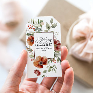 Floral Elegant Watercolor Merry Christmas Wishes Gift Tags