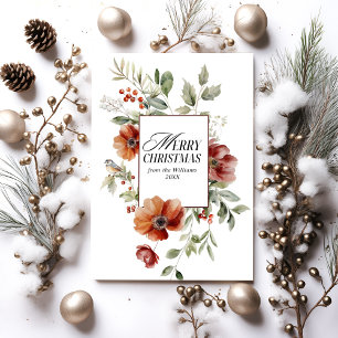 Floral Elegant Watercolor Merry Christmas Wishes Holiday Card