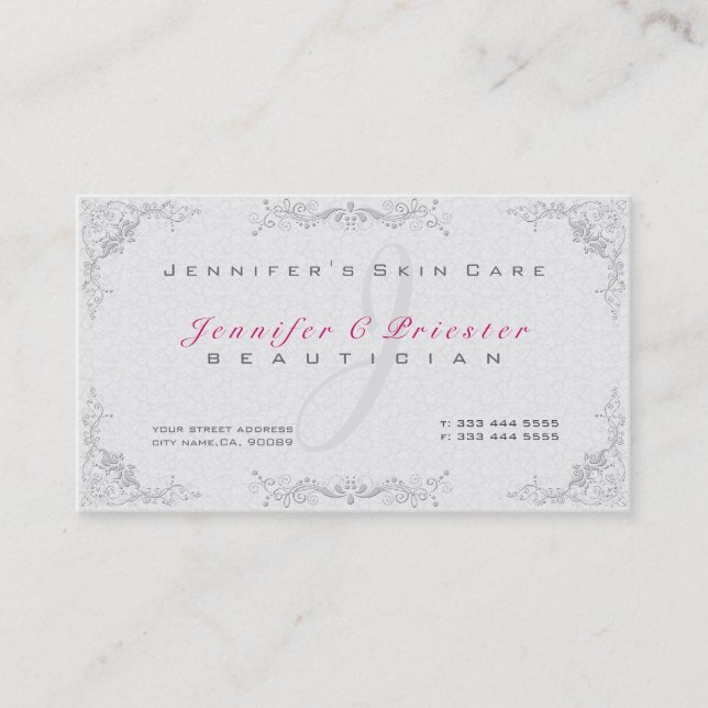 Floral Elegant White Damasks & Grey Frame Business Card (Front)