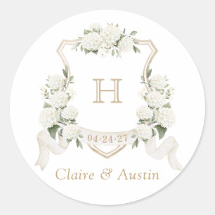 Floral Elegant White Hydrangea Crest Envelope Classic Round Sticker