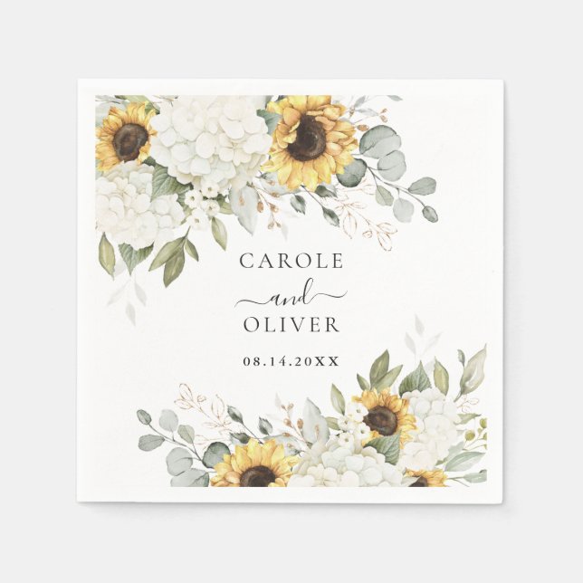 Floral Elegant White Hydrangea Sunflowers Wedding Napkin (Front)