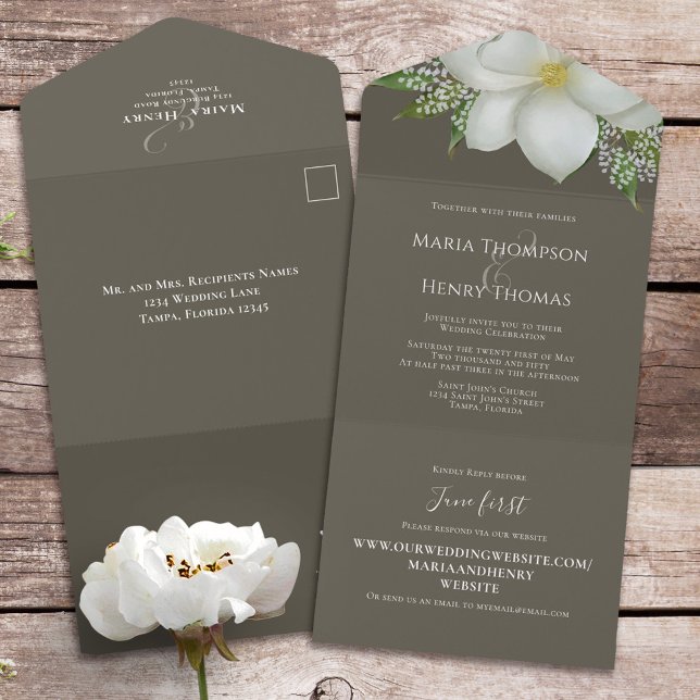 Floral Elegant White Magnolia Guest Addressed All In One Invitation (Creator Uploaded)