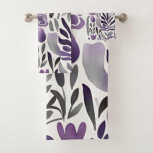 Floral Elements in Purple Bath Towel Set