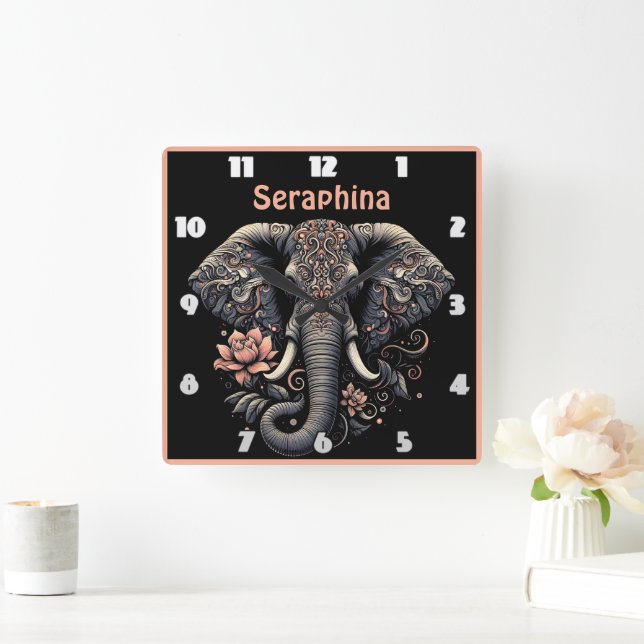 Floral elephant artwork square wall clock (Home)