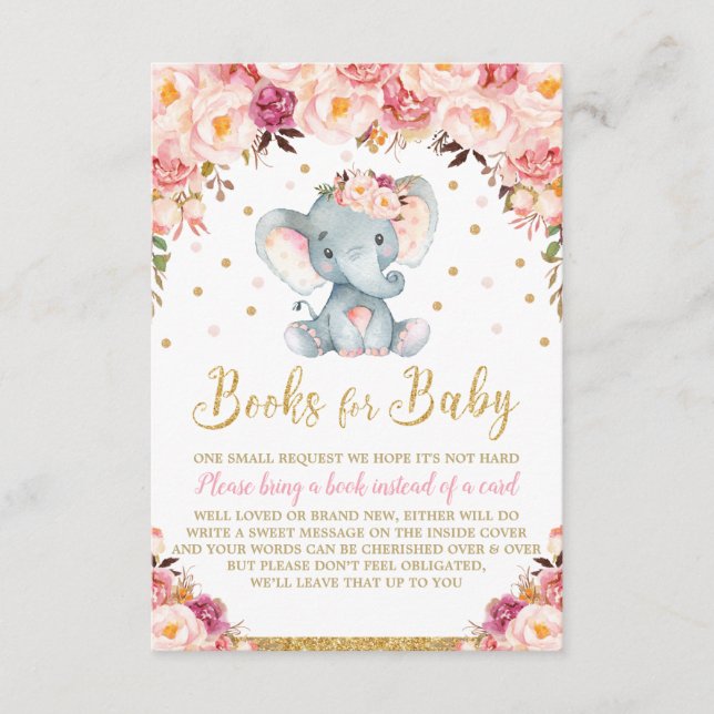 Floral Elephant Baby Shower Bring a Book Card Girl (Front)