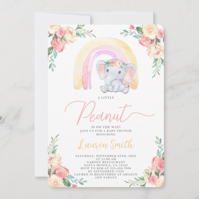 Floral Elephant Baby Shower Girl Invitation (Front)