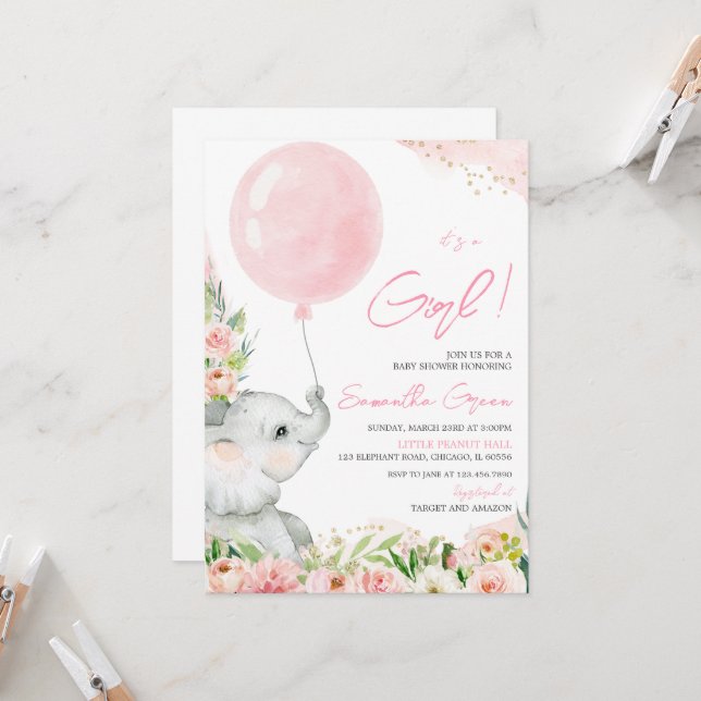 Floral Elephant Baby Shower Invitation (Front/Back In Situ)