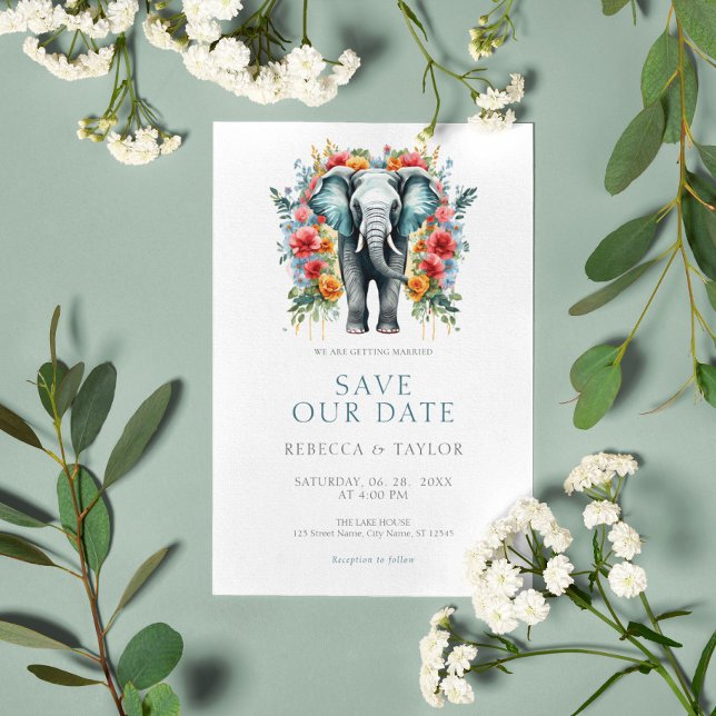 Floral Elephant Bay Blue and White Save the Date Invitation (Creator Uploaded)