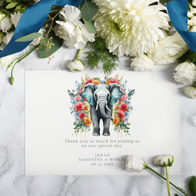 Floral Elephant Bay Blue and White Thank You Card (Creator Uploaded)