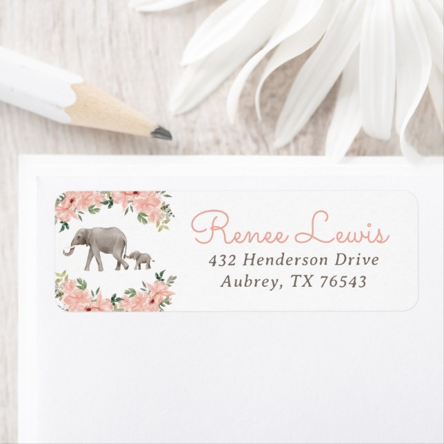 Floral Elephant Girl Baby shower Adresse de retour (En situation)