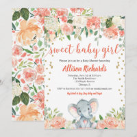 Floral elephant girl baby shower peach coral green