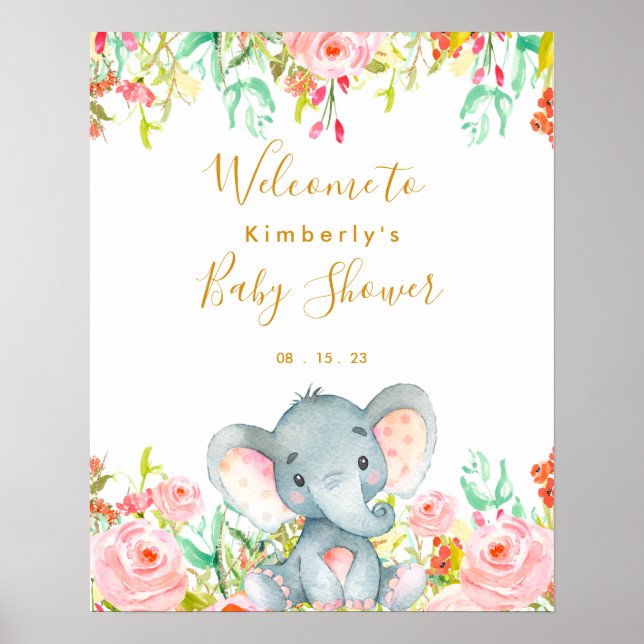 Floral Elephant Girl Baby Shower Welcome Sign (Front)