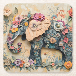 Floral Elephant Illustration Square Paper Coaster