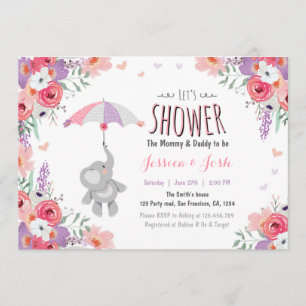 Floral Elephant Invitation baby shower Girl Pink