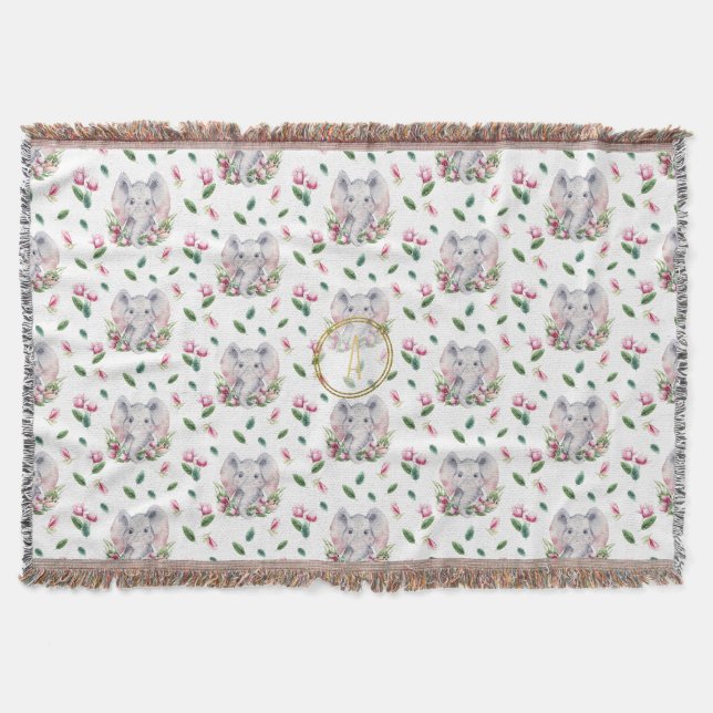 Floral ELEPHANT Monogram Girl Pink Bedroom Nursery Throw Blanket (Front)