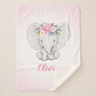 Floral Elephant Personalized Girl Baby Sherpa Blanket