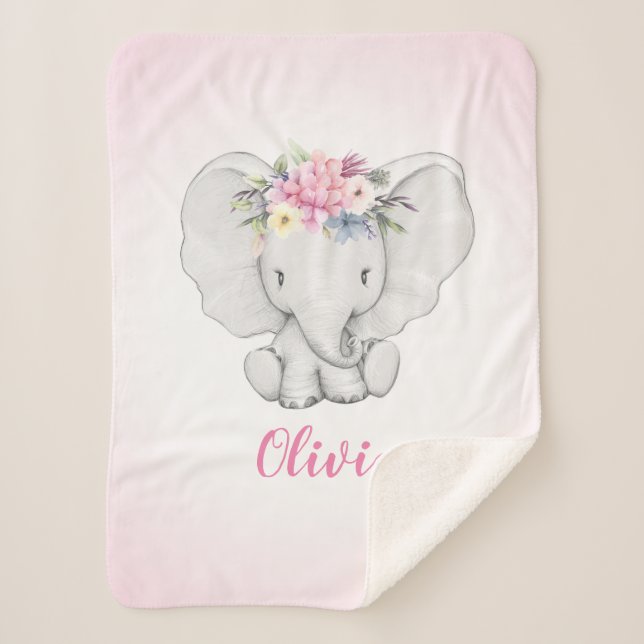 Floral Elephant Personalized Girl Baby Sherpa Blanket (Front)