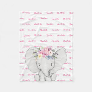 Floral Elephant Pink Personalized Girl Name Fleece Blanket