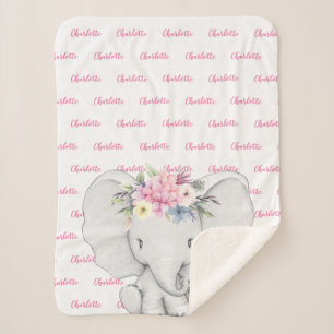 Floral Elephant Pink Personalized Girl Name Sherpa Blanket