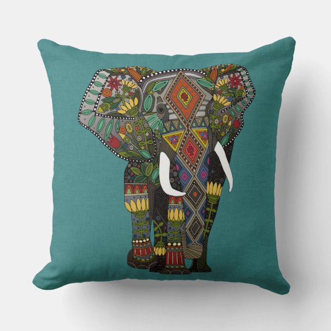 floral elephant teal throw pillow (Front)