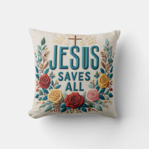 Floral Embroidered Style Jesus Saves All Faith Art Throw Pillow