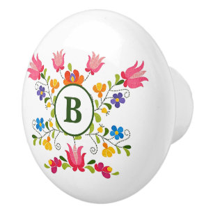 Floral embroidery mongram ceramic knob