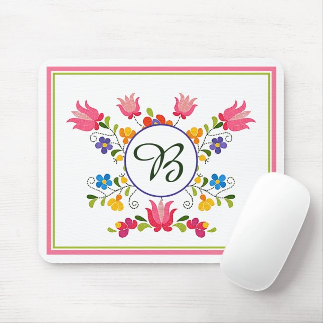 Floral embroidery monogram mouse pad (With Mouse)