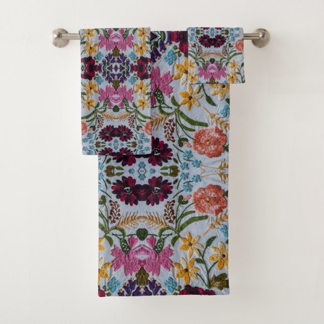 Floral Embroidery Pattern with Beautiful Flowers  Bath Towel Set (Insitu)