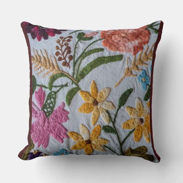 Floral Embroidery Pattern with Beautiful Flowers  Throw Pillow (Front)