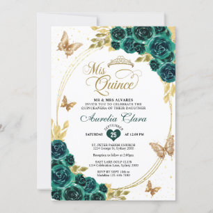 Floral Emerald Gold Tiara Butterfly Quinceañera Invitation