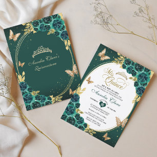Floral Emerald Gold Tiara Butterfly Quinceañera Invitation