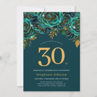 Floral Emerald Green and Gold 30th Birthday Invitation