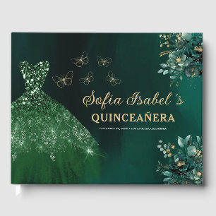 Floral Emerald Green Dress Birthday Quinceanera Guest Book