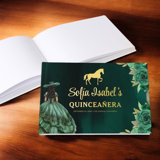 Floral Emerald Green Dress Birthday Quinceanera Guest Book (Creator Uploaded)