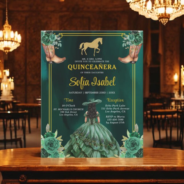 Floral Emerald Green Gold Boots Horse Quinceanera Flyer (Creator Uploaded)