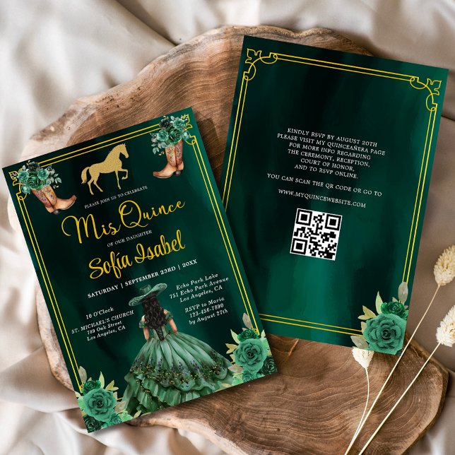 Floral Emerald Green Gold Boots Horse Quinceanera Invitation (Creator Uploaded)