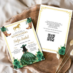 Floral Emerald Green Gold Boots Horse Quinceanera Invitation