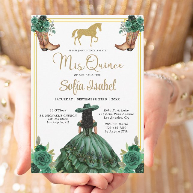 Floral Emerald Green Gold Boots Horse Quinceanera Invitation (Creator Uploaded)