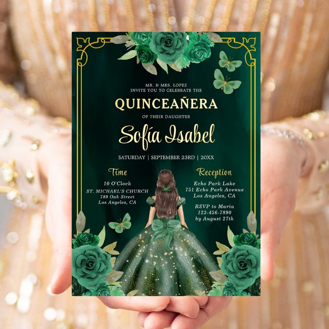 Floral Emerald Green Gold Butterfly Quinceanera (Creator Uploaded)