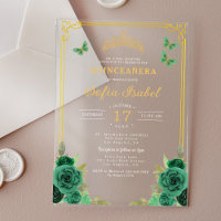 Floral Emerald Green Gold Butterfly Quinceanera