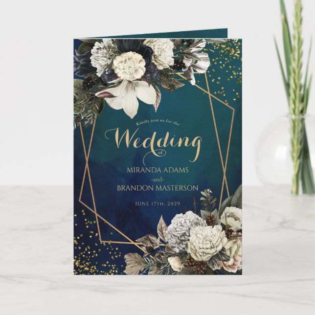 Floral Emerald Green Gold Geometric Wreath Wedding Invitation (Front)