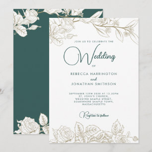 Floral Emerald Green Gold Wedding Invitation