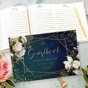 Floral Emerald Green Gold Wreath Wedding Guest Book