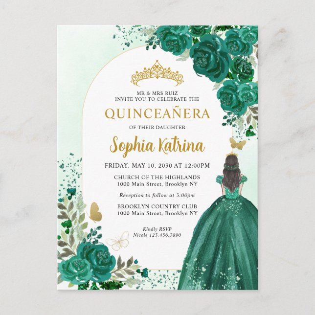 Floral Emerald Green Princess Birthday Quinceanera Invitation Postcard (Front)