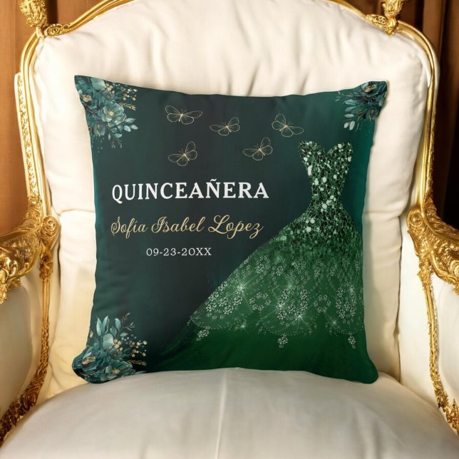 Floral Emerald Green Princess Quinceanera Throw Pillow (Creator Uploaded)