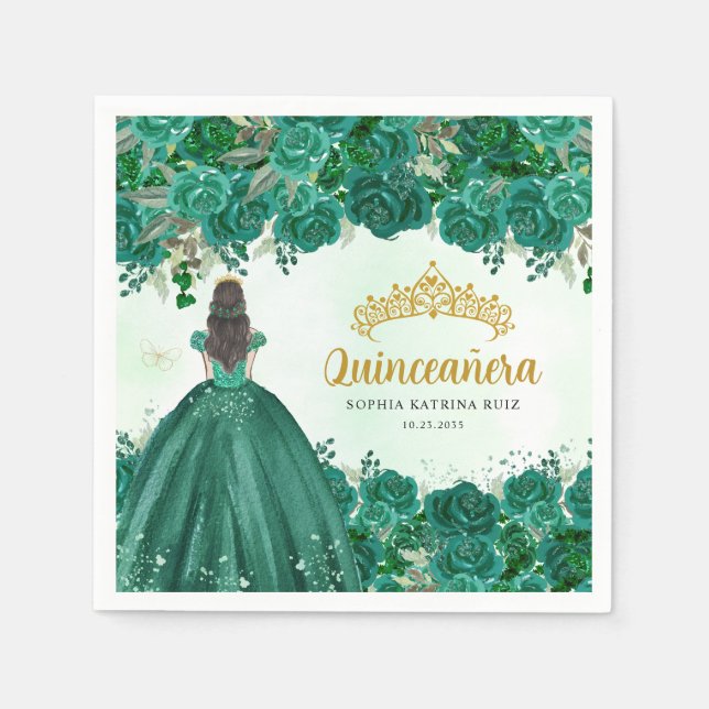 Floral Emerald Green Princess Tiara Quinceanera Napkin (Front)